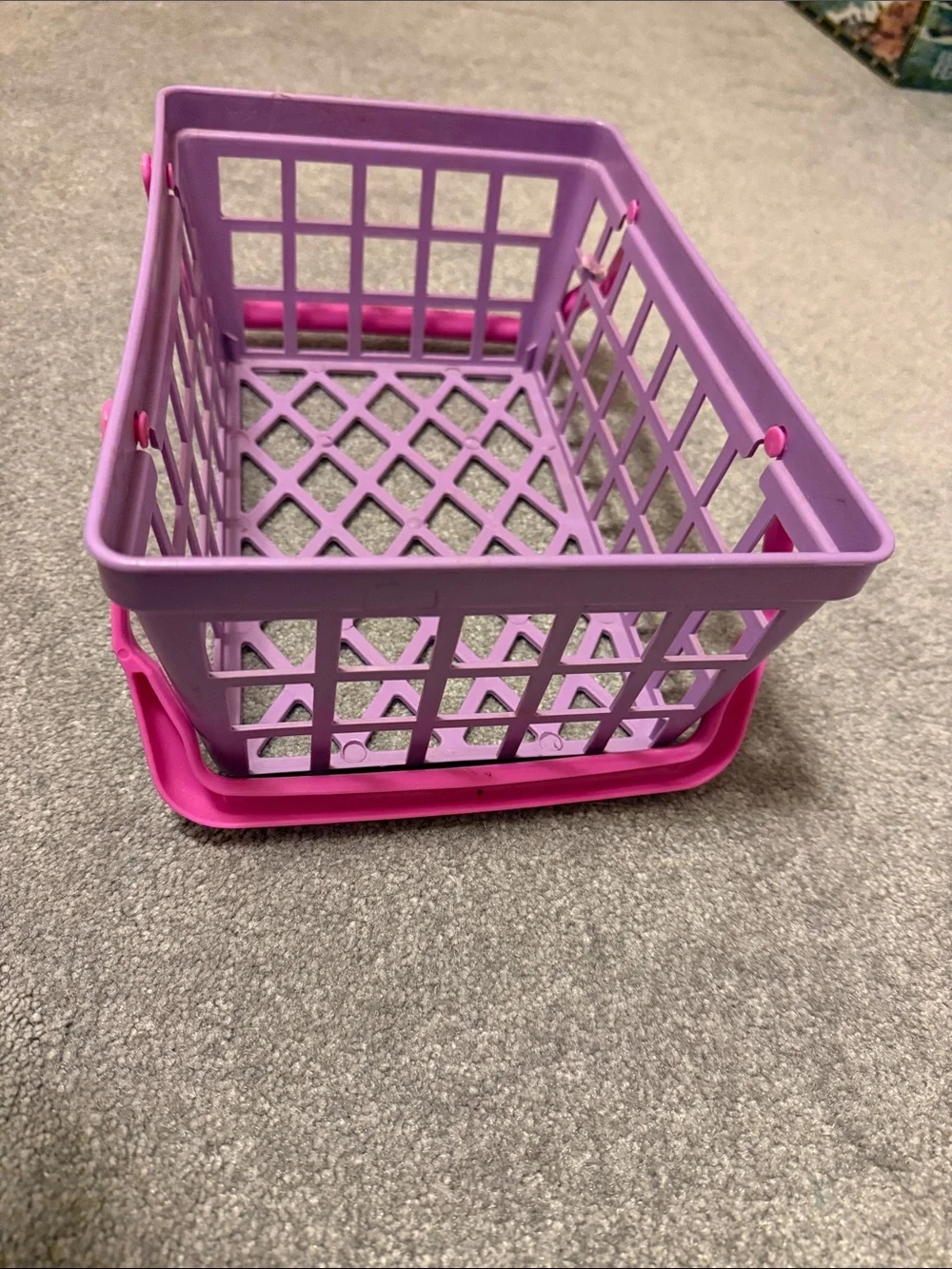 Purple Plastic Storage Basket with bright pink handles